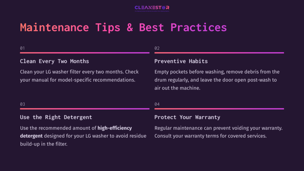 Text Layout On A Dark Background, Featuring Maintenance Tips For Lg Washers In Bold Purple And White Fonts With Numbered Sections.