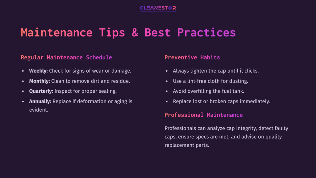 9 Maintenance Tips And Best Practices Dark Purple Background With White And Pink Text Outlining Maintenance Tips For Gas Caps, Divided Into Sections For Regular Schedules, Preventive Habits, And Professional Maintenance.