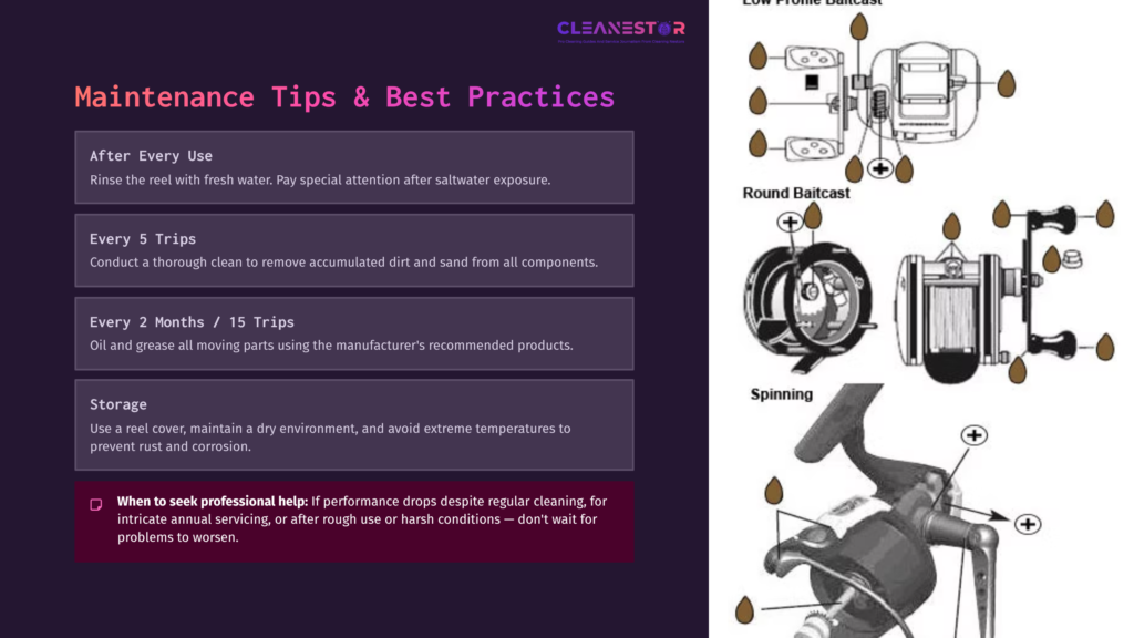 9 Maintenance Tips And Best Practices 3 Illustration Showing A Shimano Spinning Reel With Labeled Parts, Including Round Bail, Spool, And Maintenance Tips In Purple And White Colors.