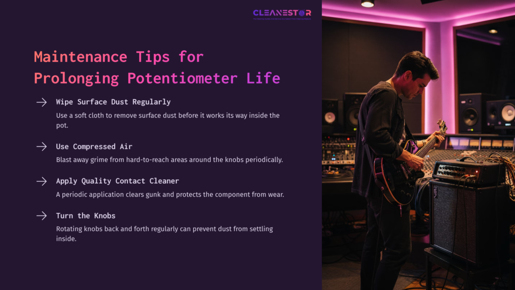 A Musician Plays Guitar In A Studio With Purple Ambient Lighting; Tips For Cleaning Amp Pots Are Displayed In Bold Text Beside.