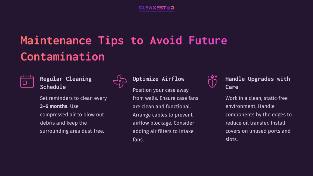 Text On A Dark Background Outlines Maintenance Tips For Electronics, Featuring Headings In Pink And White, Emphasizing Cleanliness And Airflow.