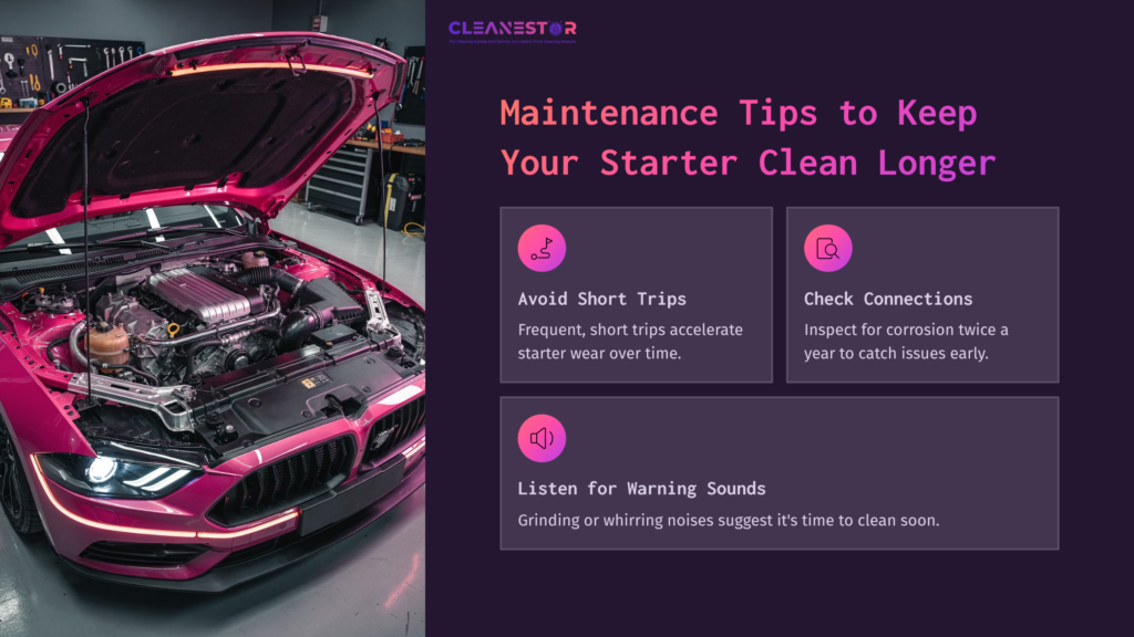 A Vibrant Pink Car With An Open Hood In A Workshop, Featuring Maintenance Tips Displayed In Purple And White Text Boxes.
