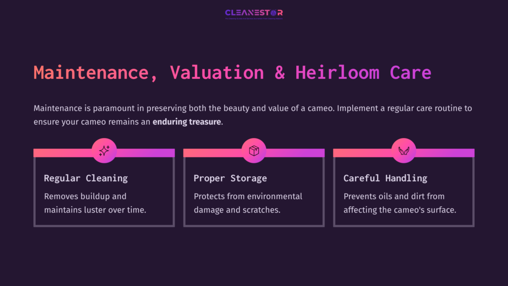 Dark Background With Purple Accents; Three Sections Titled “Regular Cleaning,” “Proper Storage,” And “Careful Handling” Featuring Icons And Brief Descriptions.