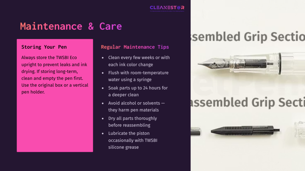 9 Maintenance And Care Cleaning Tips For Twsbi Eco Pen, Featuring Text On Maintenance And Care, A Nib And Grip Section, With Contrasting Pink And White Backgrounds.