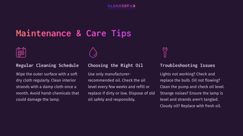 Text On A Dark Background Providing Maintenance And Care Tips For A Rain Lamp, Highlighting Cleaning Schedule, Oil Tips, And Troubleshooting.