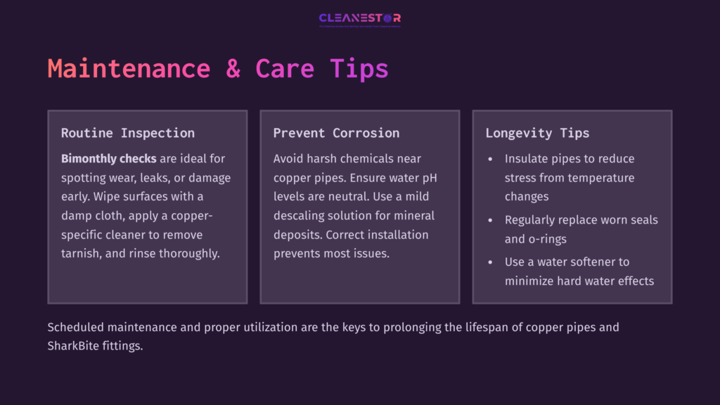 Three Informational Boxes With Purple Backgrounds Detailing Maintenance Tips For Copper Pipes: Routine Inspection, Corrosion Prevention, And Longevity Tips.