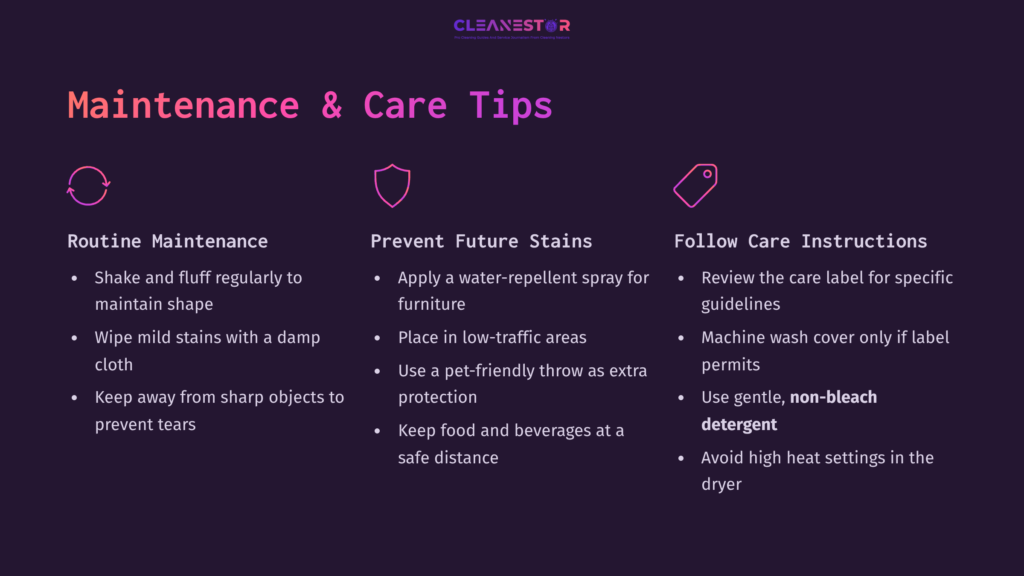 Text On A Purple Background Outlining Maintenance Tips For A Yogibo, Including Routine Cleaning, Stain Prevention, And Care Instructions.