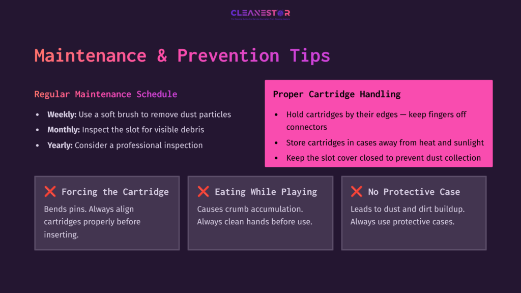 On A Dark Purple Background, Maintenance Tips Are Listed In White And Pink Text, Featuring Bullet Points For Proper Cartridge Handling And Care.