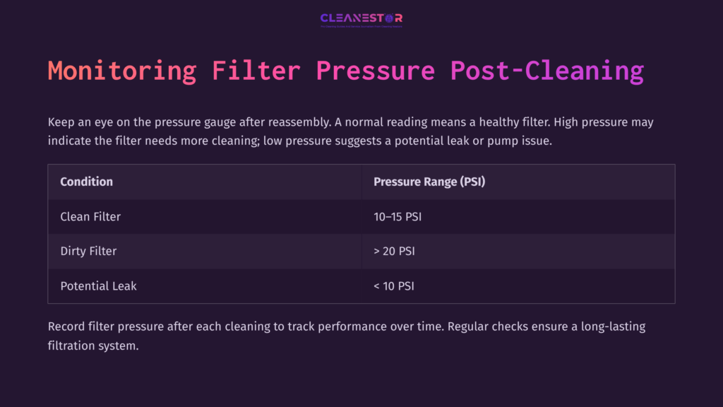 Monitoring Filter Pressure Post-Cleaning With Pressure Ranges For Clean, Dirty, And Potential Leak Conditions, On A Dark Purple Background.