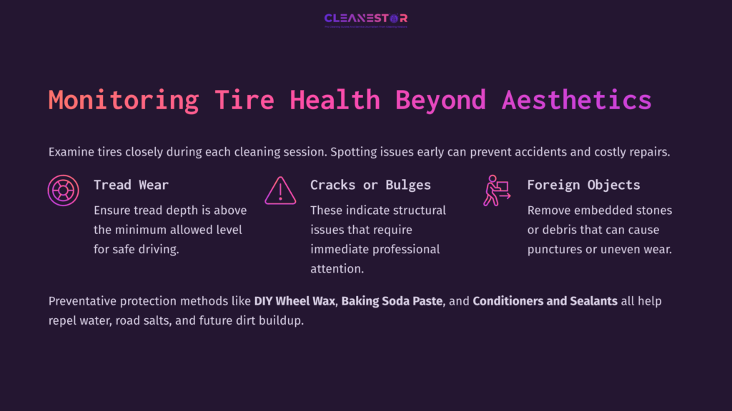 Text On A Dark Background Discusses Tire Maintenance, Highlighting Tread Depth, Cracks, And Foreign Objects With Suggested Cleaning Products.