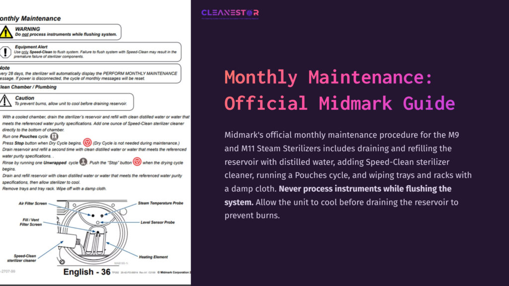 Detailed Guide On Midmark Autoclave Maintenance, Featuring Diagrams, Instructions, And A Two-Tone Layout With Headers And Labeled Steps.