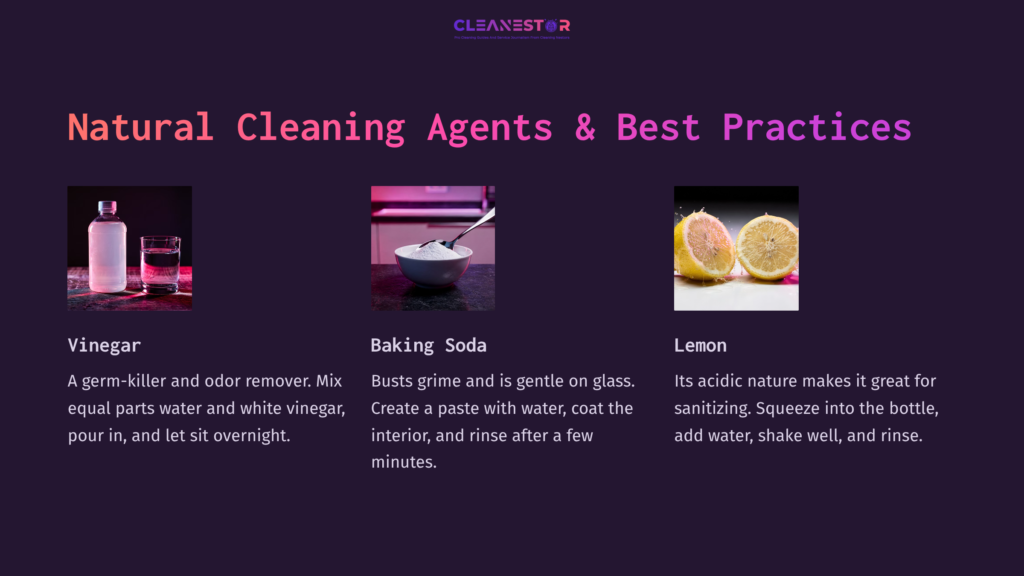 Vinegar In A Small Bottle, A Bowl Of Baking Soda, And Halved Lemons On A Dark Purple Background, Detailing Cleaning Tips.