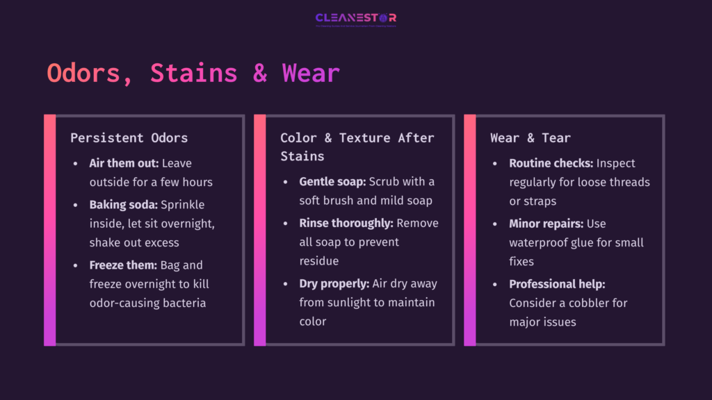 Three Columns Of Cleaning Tips For Olukai Flip-Flops, Detailing Odors, Stains, And Wear, With Colorful Headings On A Dark Background.