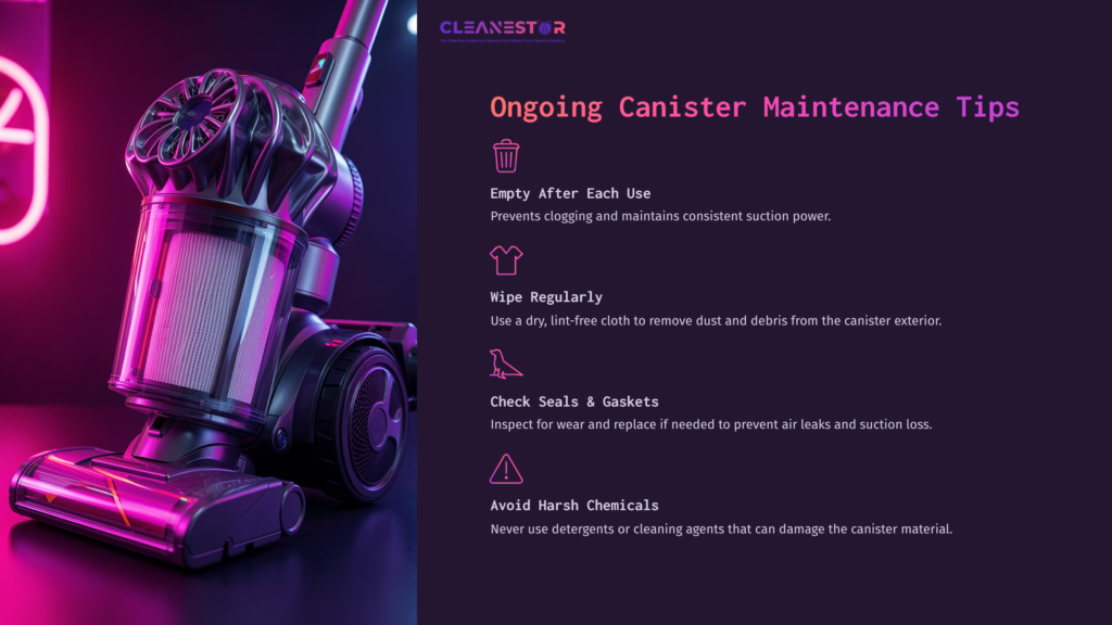 Dyson V11 Canister With A Sleek Purple Design, Alongside Maintenance Tips In A Modern Layout, Highlighting Cleaning And Care Instructions.