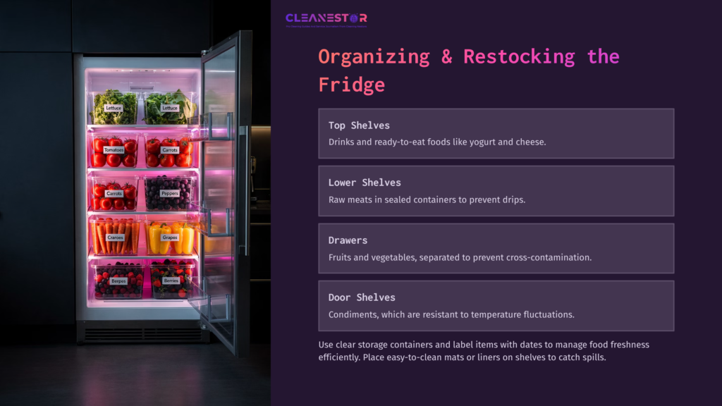 A Well-Organized Fridge With Colorful Fruits, Vegetables, Drinks, And Labeled Containers On Clear Shelves Against A Dark Background.