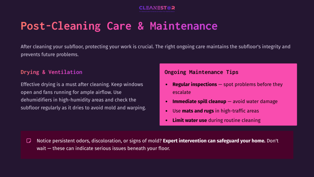 A Dark Purple Background Features White And Light Purple Text Outlining Maintenance Tips For Subfloor Care, With A Focus On Cleaning And Ventilation.