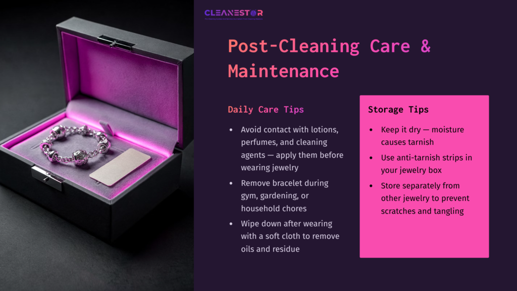 A Purple Jewelry Box With A Pink Interior Contains A Pandora Bracelet And A Silver Tag, Accompanied By Care Tips For Cleaning And Maintenance.