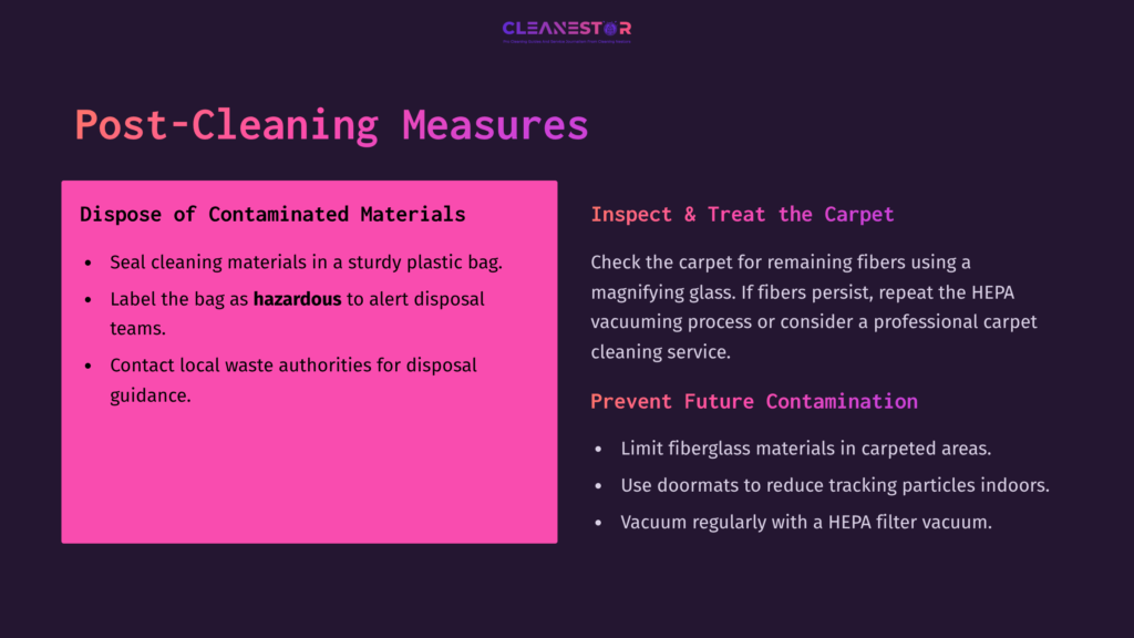 Bright Pink Box With Text Outlining Post-Cleaning Measures For Fiberglass Removal, Alongside A Dark Background And Decorative Elements.