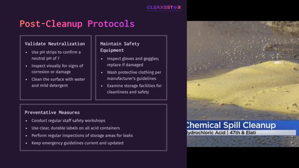 Purple Slide With Text On Hydrochloric Acid Cleanup Procedures, Featuring A Yellow Chemical Spill In The Lower Right Corner.