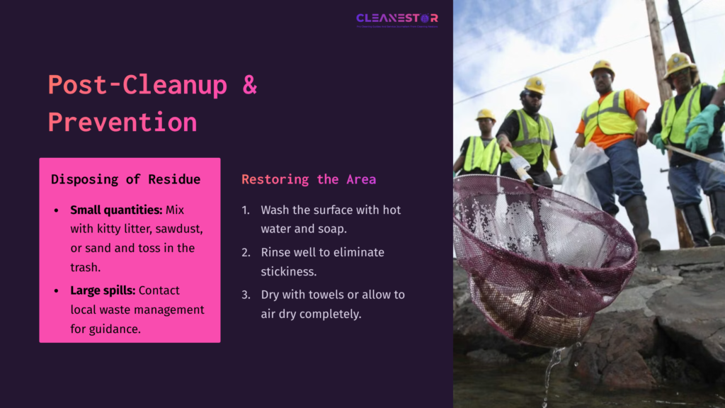 Two Workers In Safety Gear Use A Net To Clean Up A Spill Near Water, With Guidelines For Disposal And Restoration On The Side.