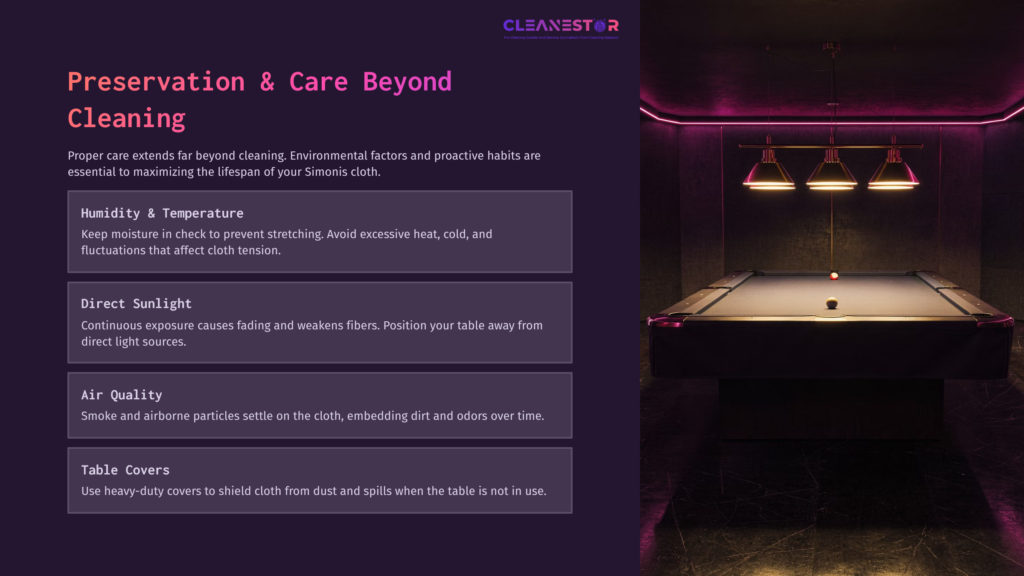 A Dimly Lit Pool Table With Purple Lighting, Surrounded By Text On Simonis Cloth Care, Focusing On Cleaning And Preservation Tips.