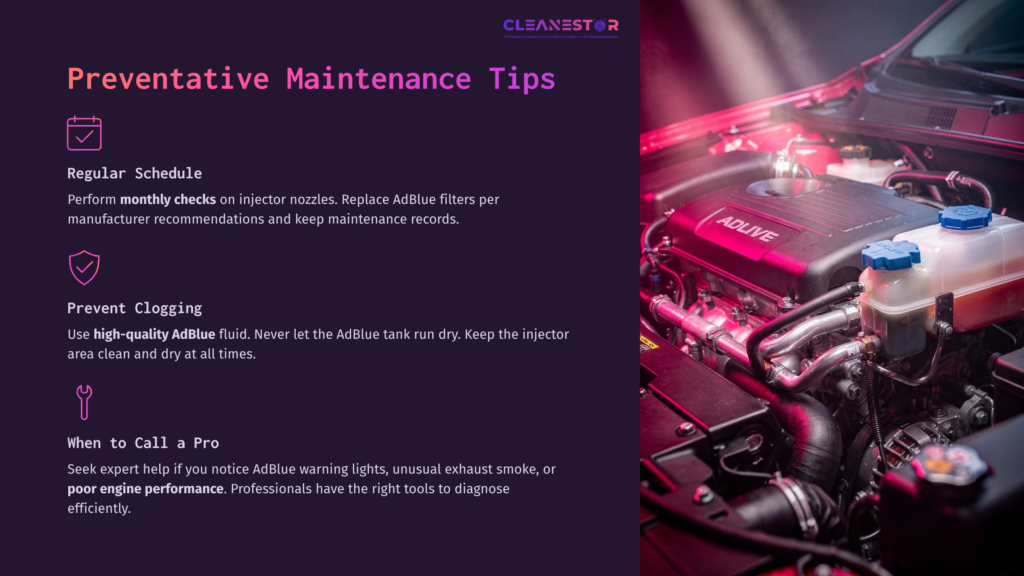 9 Preventative Maintenance Tips Close-Up Of A Car Engine With The Adblue System Highlighted, Featuring A Pink-Lit Background And Text On Maintenance Tips.
