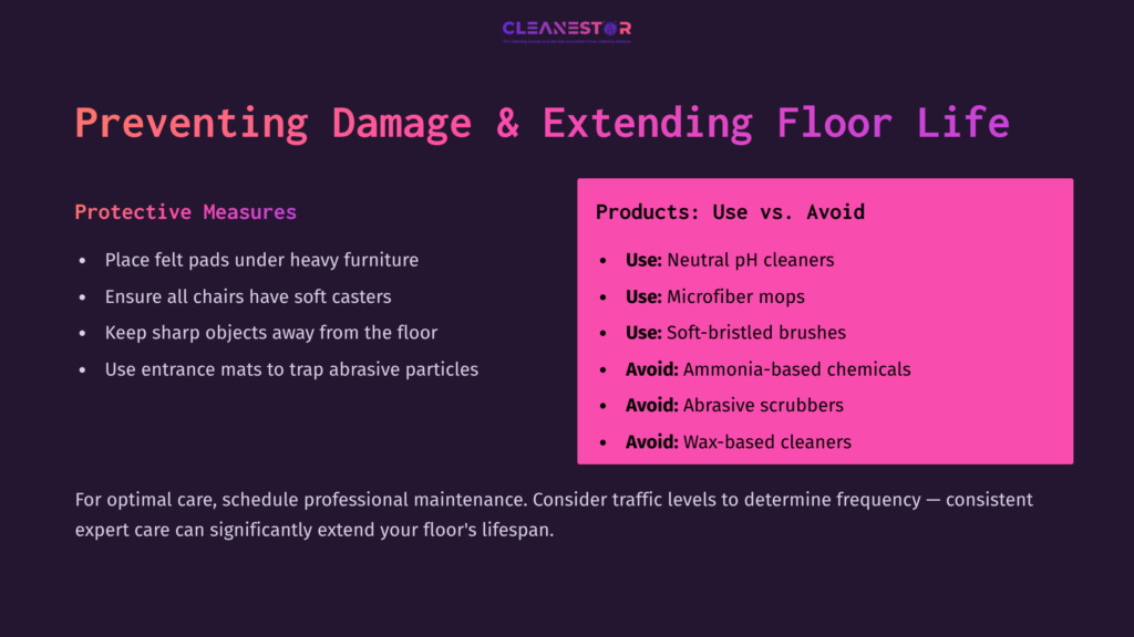 Visual Guide On Protecting And Maintaining Mondo Flooring, Highlighting Cleanings Tips With Contrasting Colors And Clear Product Recommendations.