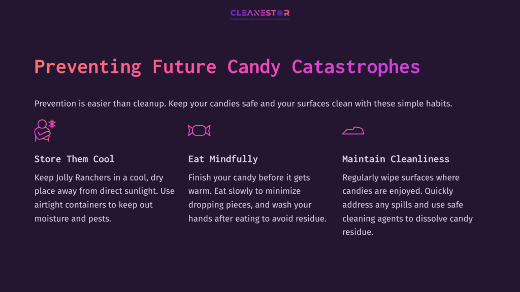 Bright Purple Background With White Text Outlining Tips For Preventing Candy Messes, Featuring Candy Icons And Clean Surface Imagery.