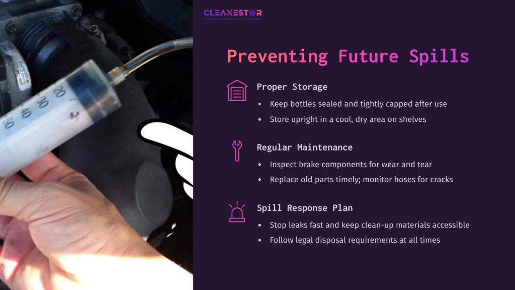 9 Preventing Future Spills A Hand Holds A Brake Fluid Reservoir, While The Background Includes Bullet Points On Preventing Spills With Tips And Icons.