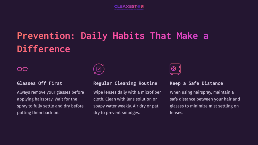 Text On A Dark Purple Background Outlines Three Tips For Preventing Hairspray Residue On Glasses, Featuring Icons For Each Tip.