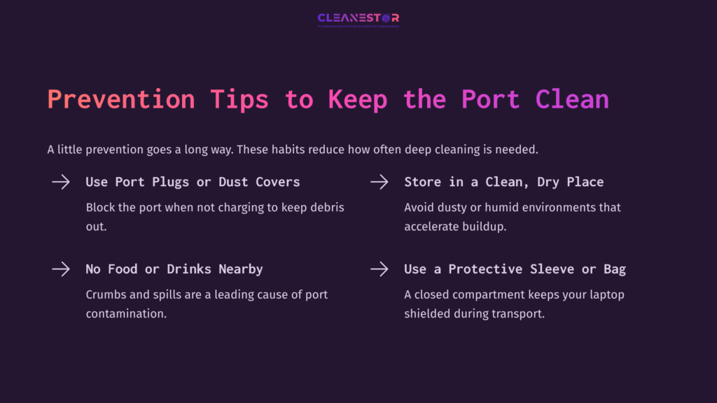 Text-Based Infographic On Cleaning Macbook Air Charging Port, Featuring Purple Background, White And Pink Text, And Icons For Each Cleaning Tip.