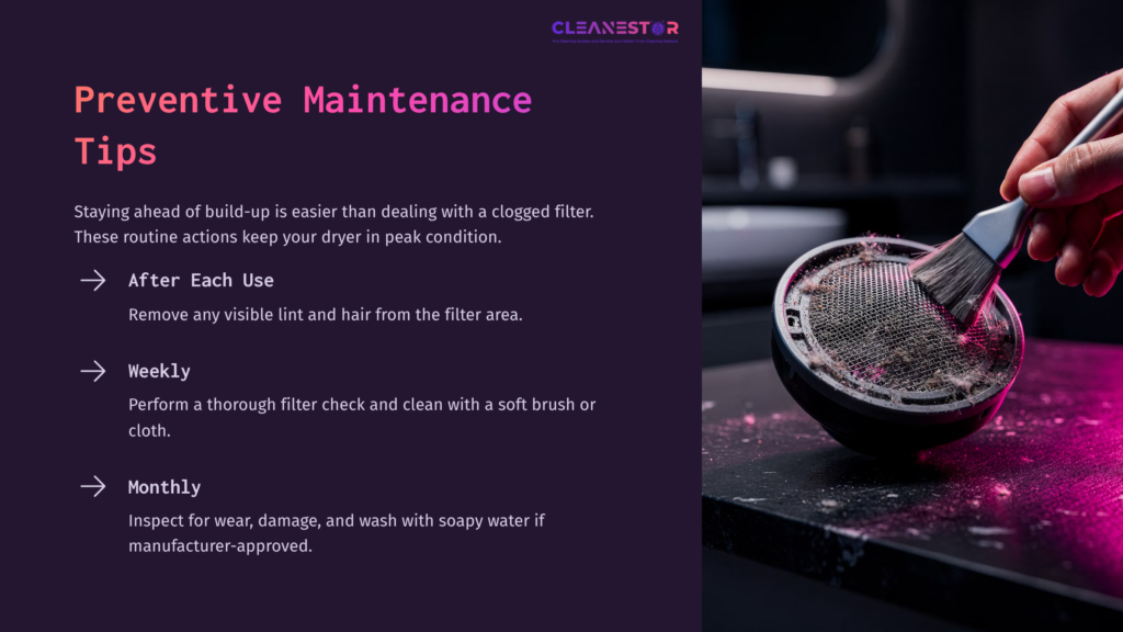 A Hair Dryer Filter With Lint Being Cleaned, Alongside Preventive Maintenance Tips In Vibrant Text On A Dark Background.