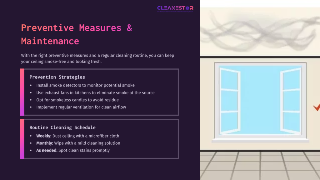 Bright Room With An Open Window, Showing A Blue Sky. White Walls Adorned With Smoke Residue. A Cleaning Schedule And Strategies Listed.