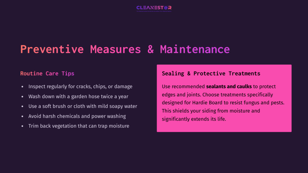 Text On A Split Background: &Quot;Preventive Measures &Amp; Maintenance&Quot; With Tips On Cleaning And Sealing Hardie Board, Highlighted In Pink And White.