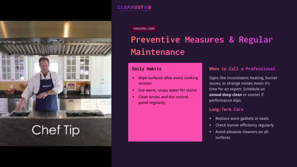 A Chef Stands In A Bright Kitchen Near A Bluestar Range, With A Dark Countertop And White Cabinetry, Offering Cleaning Tips.