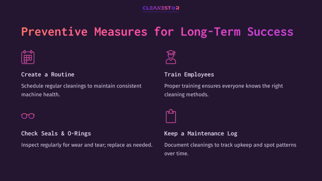Text On A Dark Purple Background, Outlining Preventive Measures For Cleaning An Ice Cream Machine, With Icons For Routine, Training, Checks, And Logs.