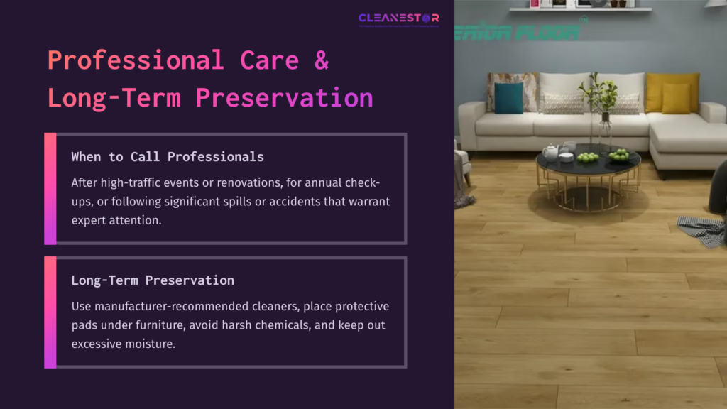 Living Room With Hardwood Flooring, Featuring A Couch, Coffee Table, And Decorative Cushions; Text Highlights Cleaning Tips And Care Advice.