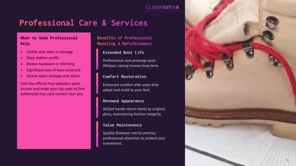 Frye Boots With A Reddish Lacing Detail, Displayed On A Beige Surface, Alongside A Guide On Professional Care And Services.