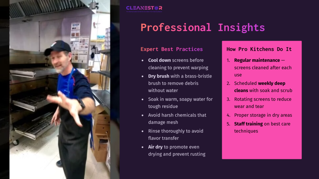 A Man Wearing A Blue Apron Points While Standing In A Commercial Kitchen, With A List Of Pizza Screen Cleaning Tips On The Side.