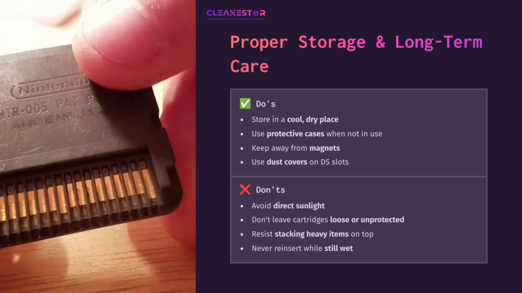 Black Nintendo Ds Cartridge Held Between Fingers, With Gold Connectors Visible. Background Features Care Instructions In Contrasting Colors.