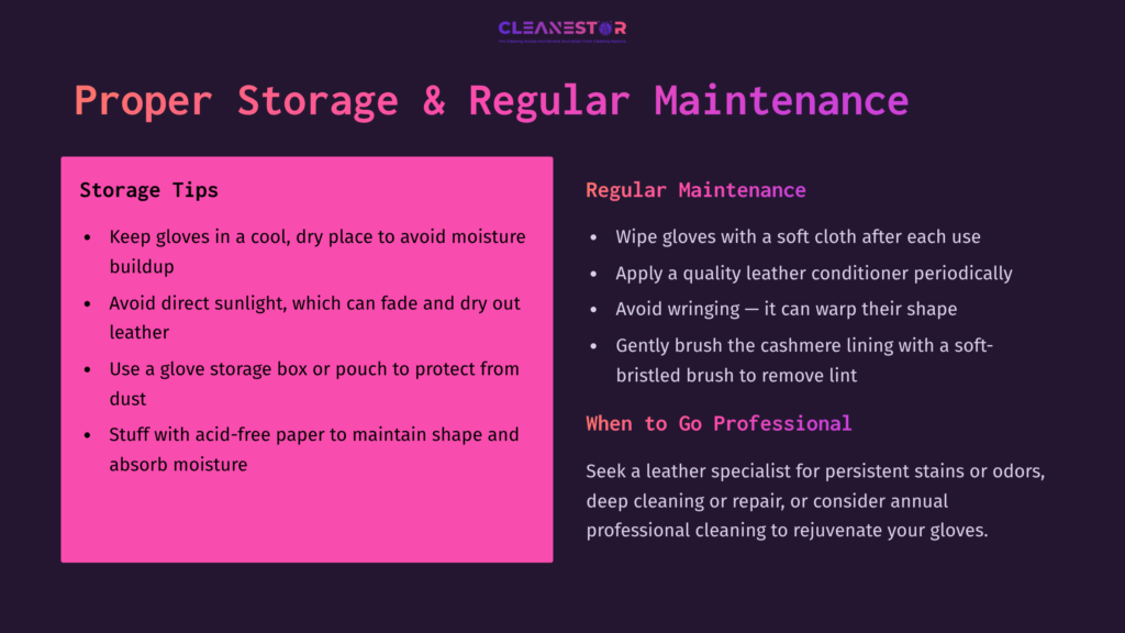 Bright Pink And Purple Text On A Dark Background Outlines Storage Tips And Maintenance Instructions For Leather Gloves, With Bullet Points And Clear Headings.