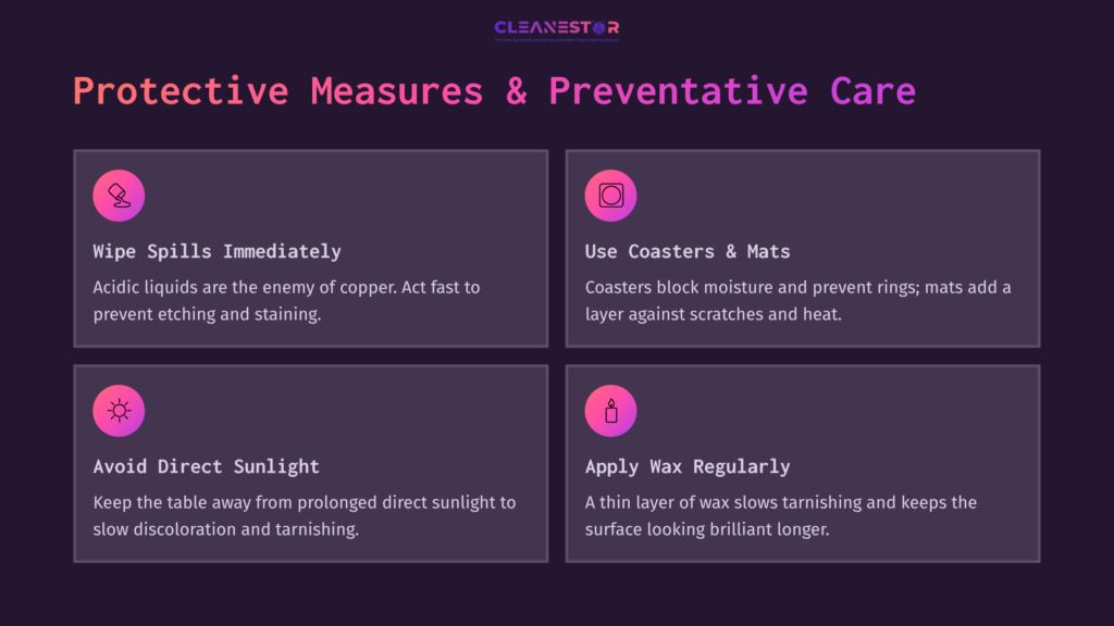 Four Boxed Tips On Copper Care With A Dark Purple Background, Featuring Pink Headings And White Text For Clarity And Emphasis.