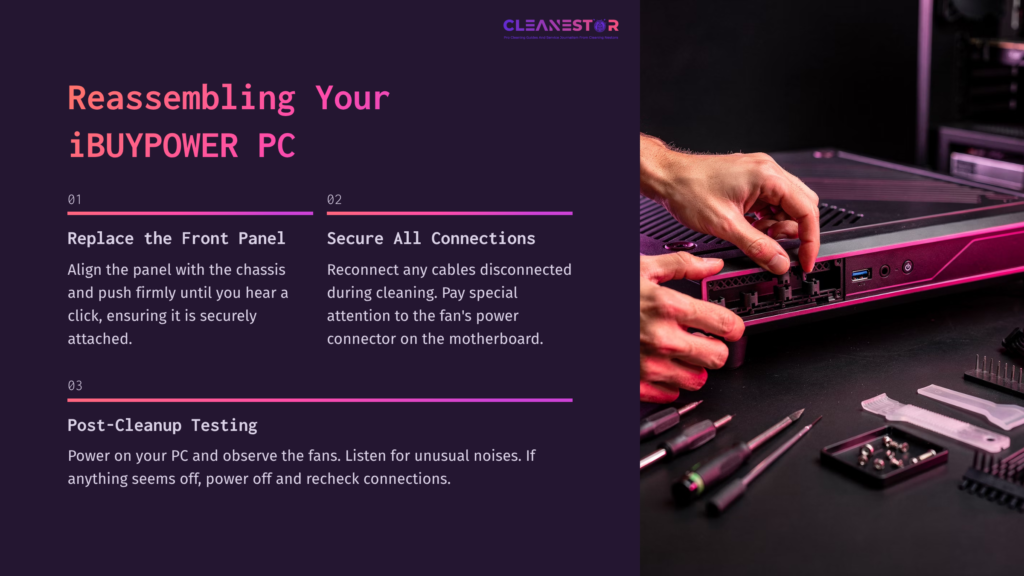 Hands Working On An Ibuypower Pc, Surrounded By Tools On A Dark Background, With Instructions On Cleaning Front Fans In Bold Text.