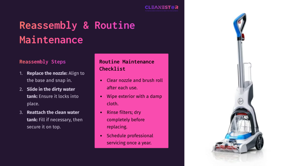 Illustration Of A Hoover Powerdash Pet Cleaner Beside A Maintenance Checklist In Pink Text On A Dark Background, With Cleaning Instructions Listed.