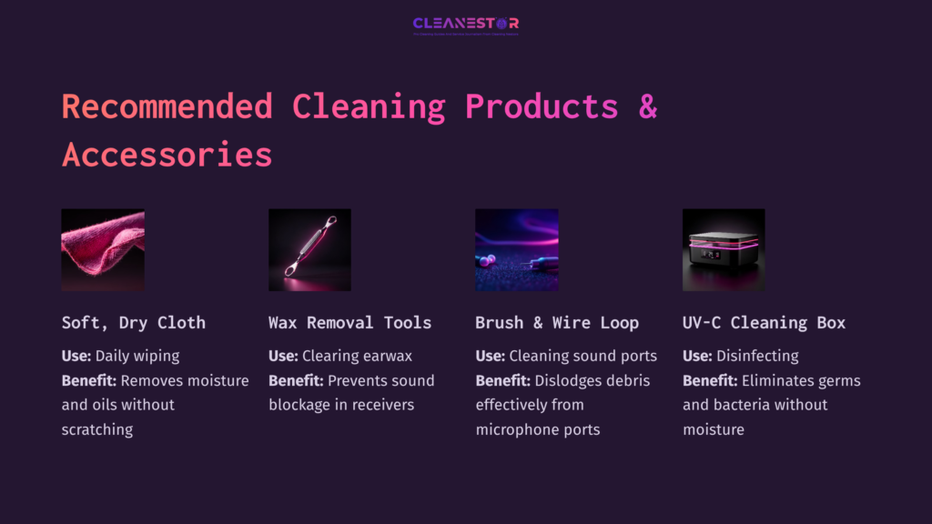 Recommended Cleaning Products For Phonak Hearing Aids: Soft Dry Cloth, Wax Removal Tools, Brush &Amp; Wire Loop, Uv-C Cleaning Box.