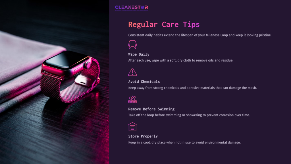 Apple Watch With A Milanese Loop Band On A Dark Wooden Surface, Accompanied By Care Tips In Bold White Text Against A Purple Background.