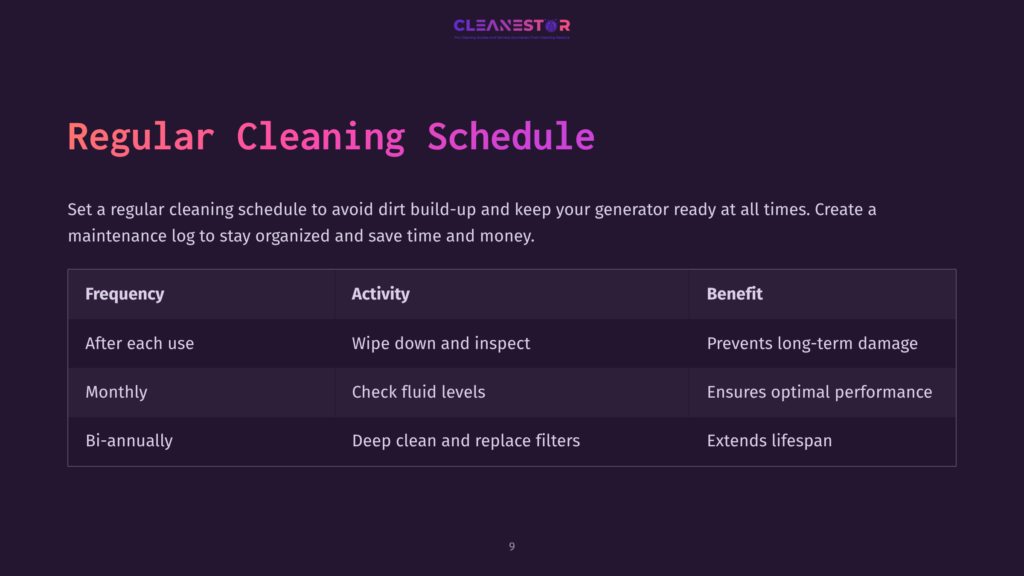 A Chart Outlines A Regular Cleaning Schedule For Generators, Featuring Activities, Their Ease Of Execution, And Associated Benefits In Purple And White Text.