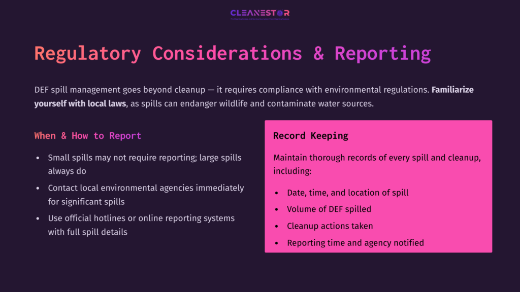 Text-Heavy Graphic Outlining Regulatory Considerations And Reporting For Def Fluid Spills, Featuring Bullet Points On Cleanup Procedures And Record-Keeping.