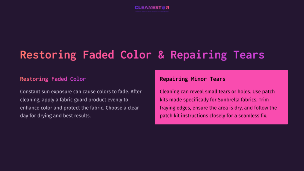 Text On A Gradient Background Outlining Tips For Restoring Faded Color And Repairing Minor Tears In Sunbrella Fabrics.