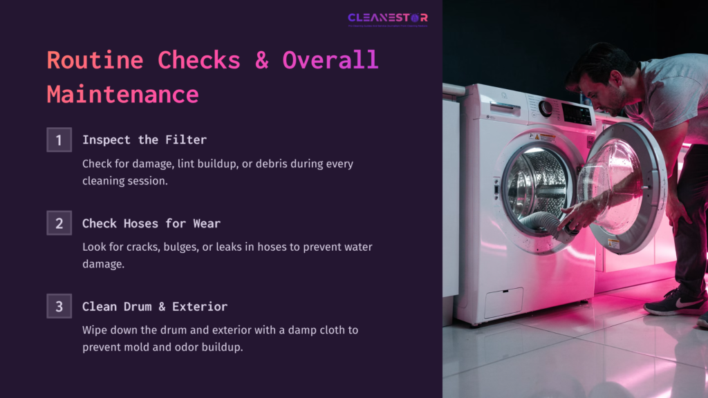 A Woman Inspects The Filter Of A White Speed Queen Washer, With Instructions For Maintenance Displayed Alongside In Purple Text.